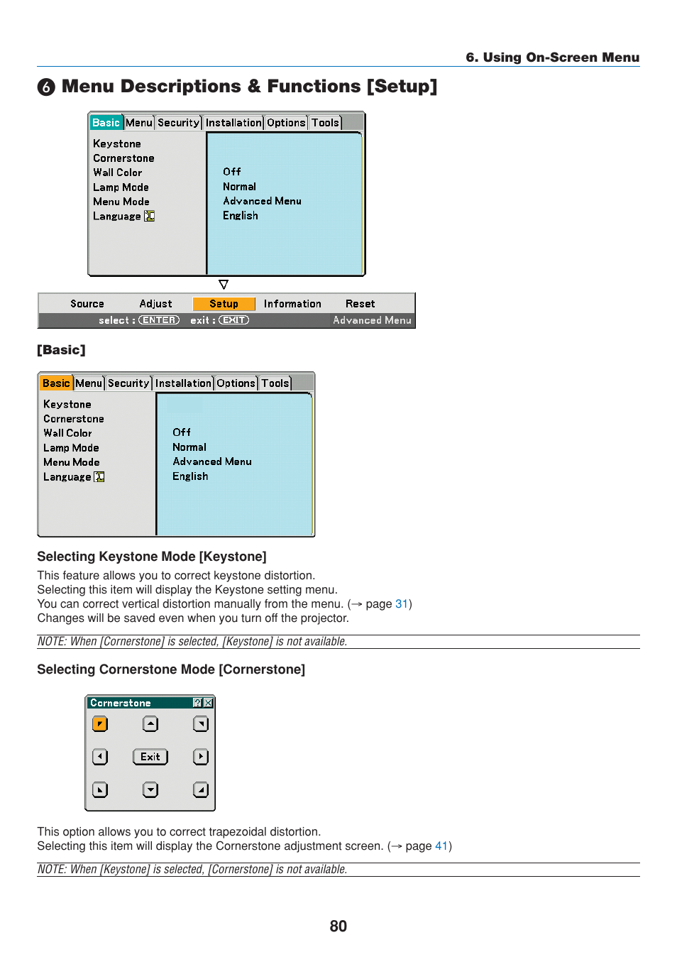 6) menu descriptions & functions [setup, Basic, Selecting keystone mode [keystone | Selecting cornerstone mode [cornerstone, Menu descriptions & functions [setup | Dukane 8808 User Manual | Page 90 / 178