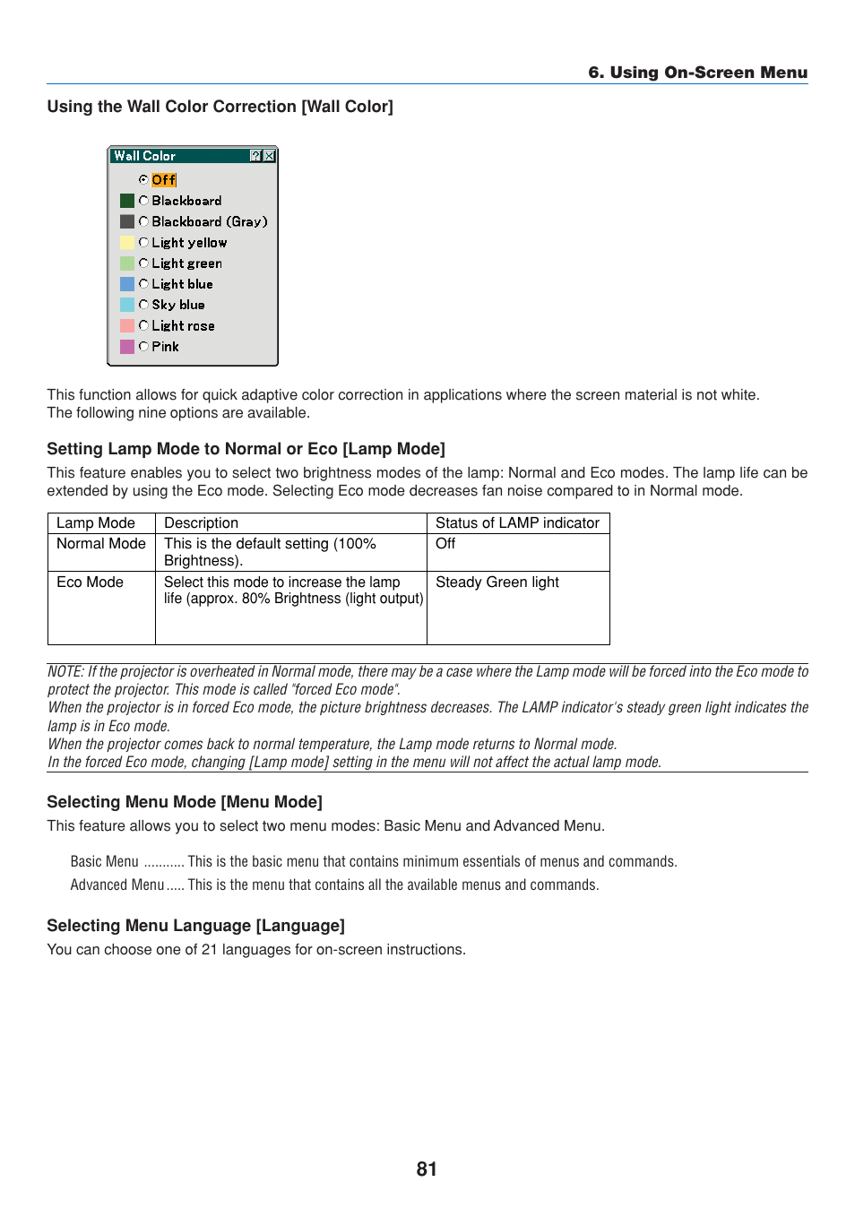 Using the wall color correction [wall color, Setting lamp mode to normal or eco [lamp mode, Selecting menu mode [menu mode | Selecting menu language [language | Dukane 8808 User Manual | Page 91 / 178