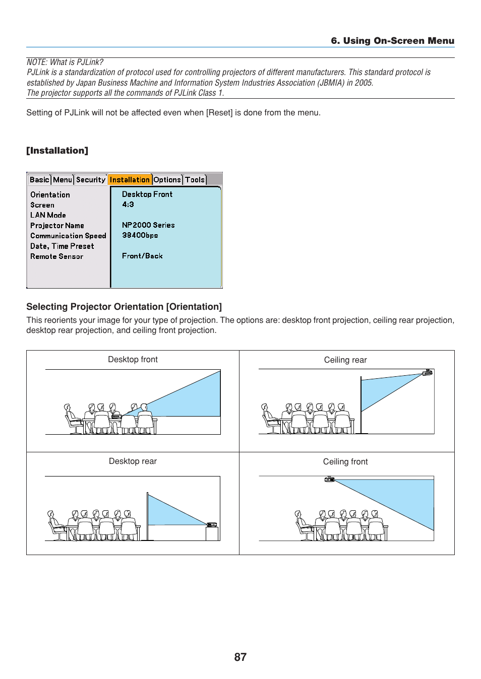 Installation, Selecting projector orientation [orientation | Dukane 8808 User Manual | Page 97 / 178