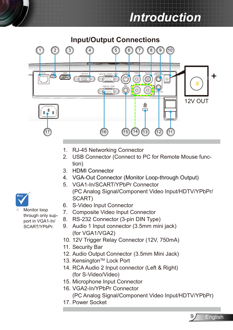 Introduction, Input/output connections, 12v out | 9english | Dukane Data Video Recorder 8412 User Manual | Page 11 / 70