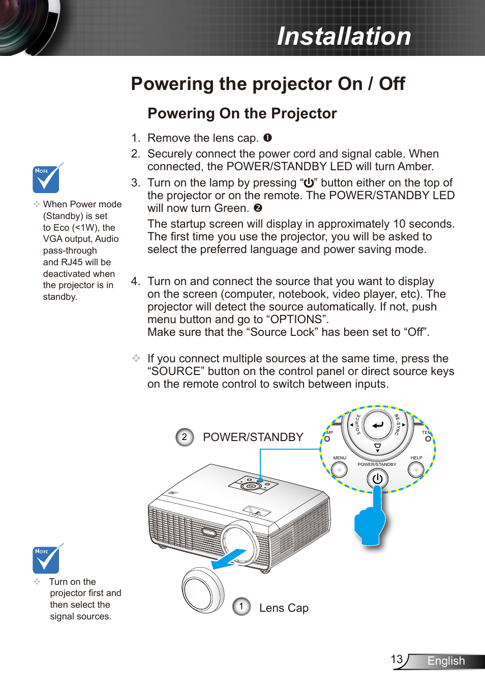 Installation, Powering the projector on / off, Powering on the projector | Dukane Data Video Recorder 8412 User Manual | Page 15 / 70