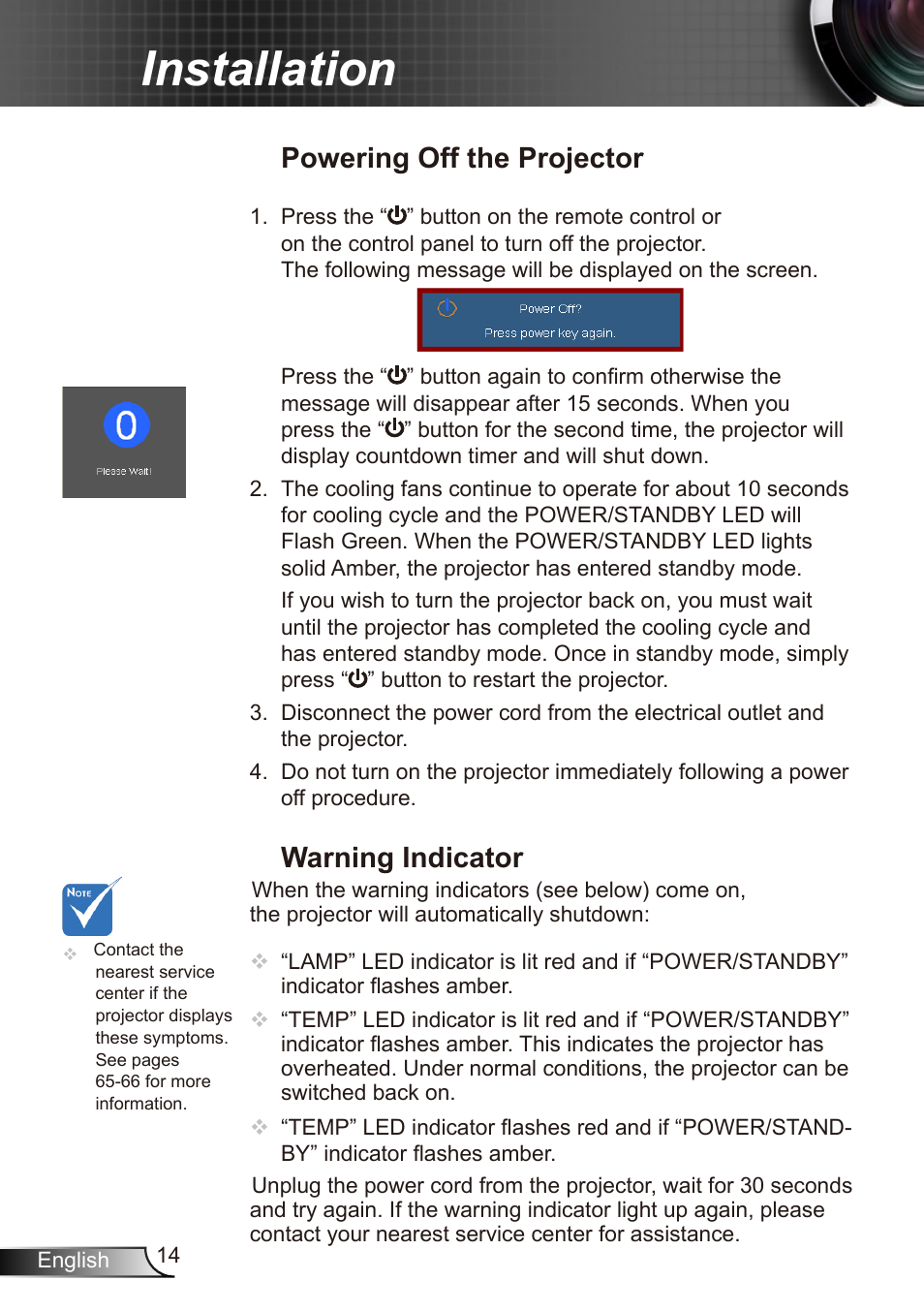 Installation, Warning indicator, Powering off the projector | Dukane Data Video Recorder 8412 User Manual | Page 16 / 70
