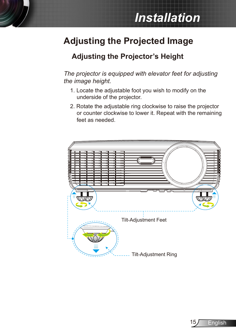 Installation, Adjusting the projected image, Adjusting the projector’s height | Dukane Data Video Recorder 8412 User Manual | Page 17 / 70