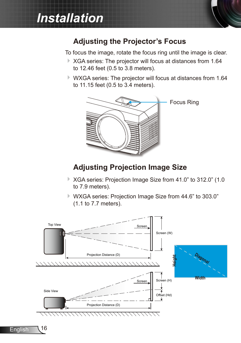Installation, Adjusting the projector’s focus, Adjusting projection image size | Dukane Data Video Recorder 8412 User Manual | Page 18 / 70