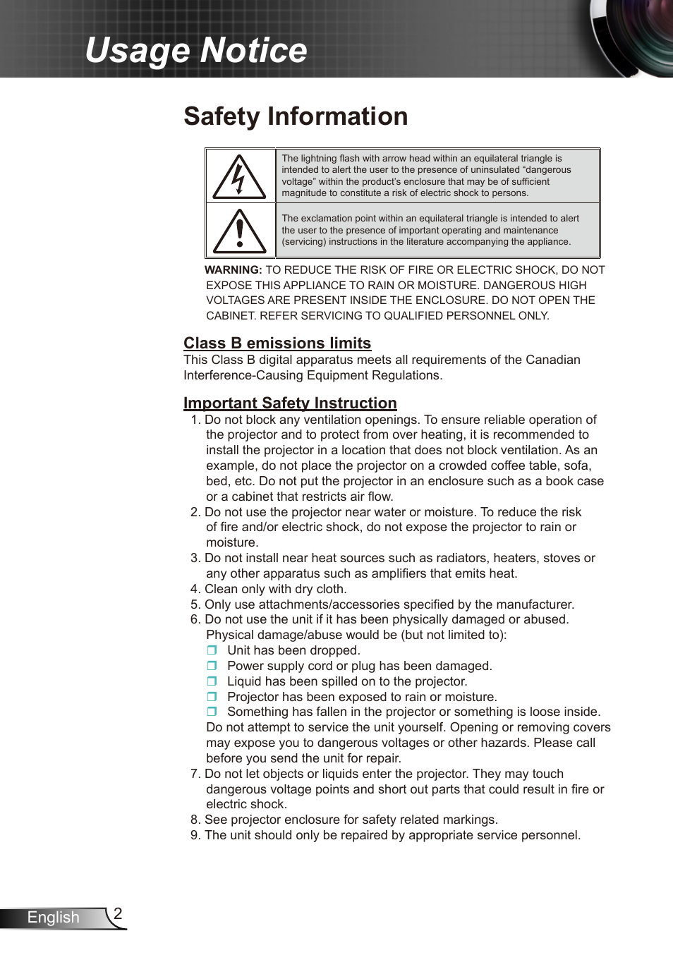 Usage notice, Safety information, 2english | Class b emissions limits, Important safety instruction | Dukane Data Video Recorder 8412 User Manual | Page 4 / 70