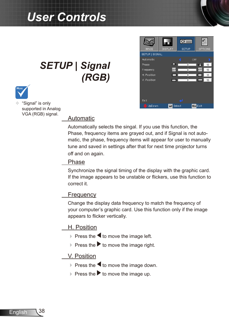 User controls, Setup | signal (rgb) | Dukane Data Video Recorder 8412 User Manual | Page 40 / 70