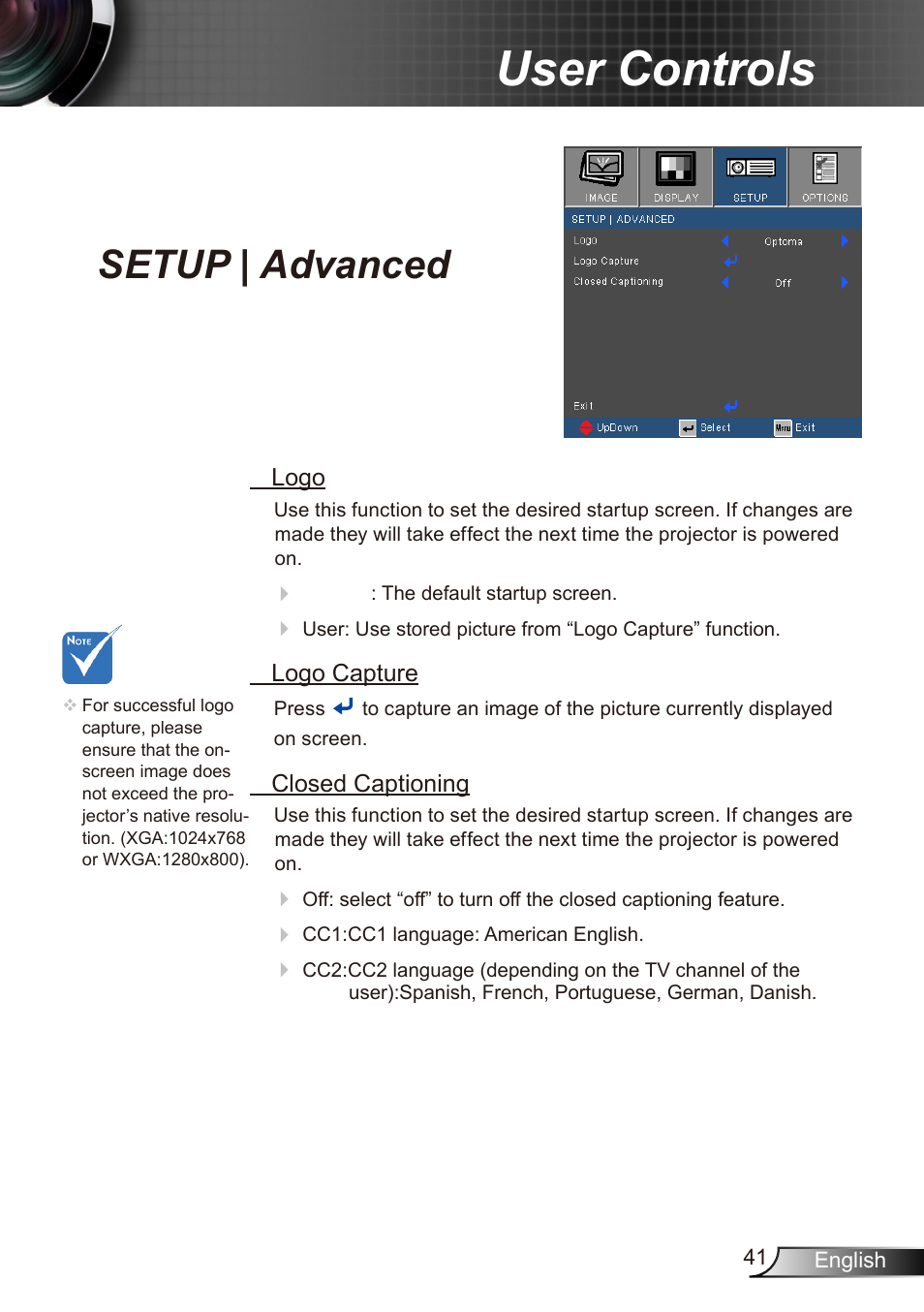 User controls, Setup | advanced | Dukane Data Video Recorder 8412 User Manual | Page 43 / 70