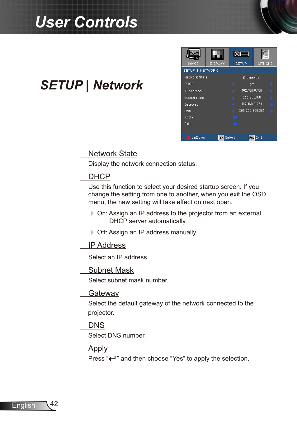 User controls, Setup | network | Dukane Data Video Recorder 8412 User Manual | Page 44 / 70