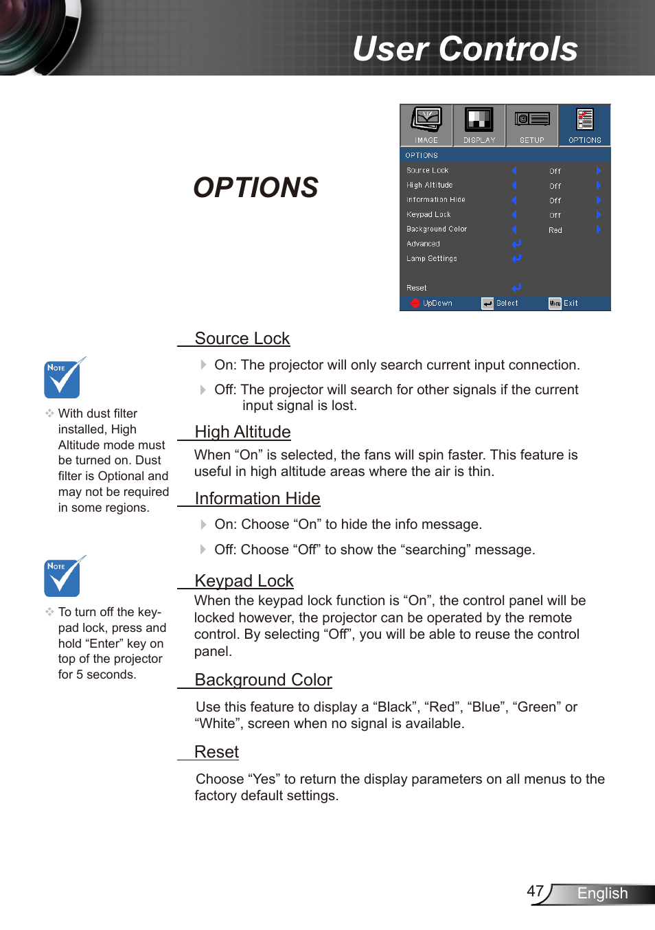User controls, Options | Dukane Data Video Recorder 8412 User Manual | Page 49 / 70