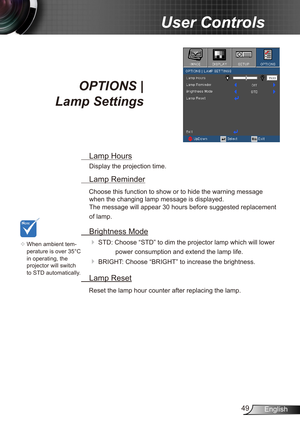 User controls, Options | lamp settings | Dukane Data Video Recorder 8412 User Manual | Page 51 / 70