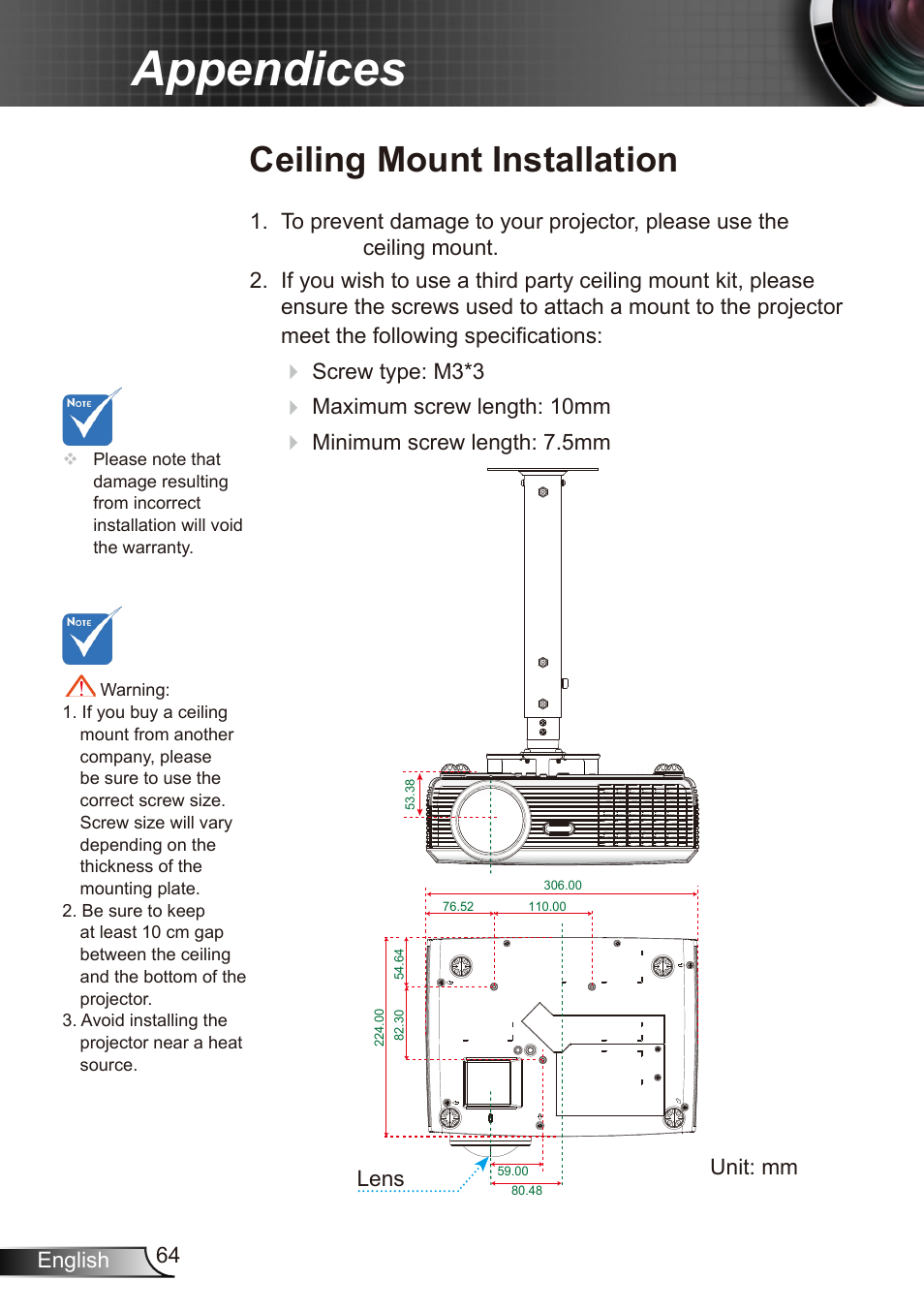 Appendices, Ceiling mount installation | Dukane Data Video Recorder 8412 User Manual | Page 66 / 70