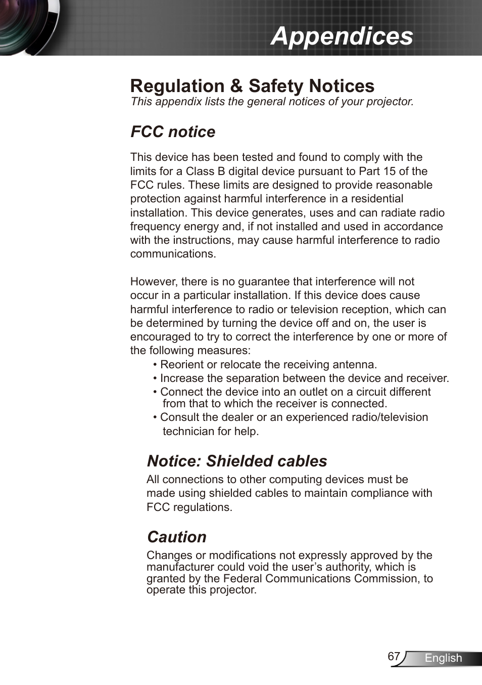 Appendices, Regulation & safety notices, Fcc notice | Notice: shielded cables, Caution | Dukane Data Video Recorder 8412 User Manual | Page 67 / 70
