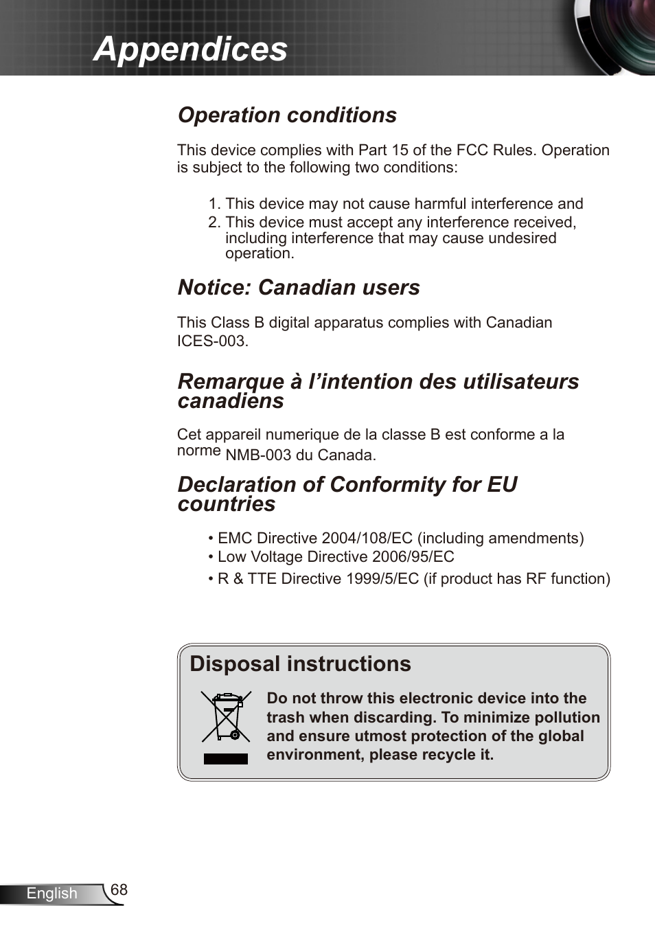 Appendices, Disposal instructions, Operation conditions | Notice: canadian users, Remarque à l’intention des utilisateurs canadiens, Declaration of conformity for eu countries | Dukane Data Video Recorder 8412 User Manual | Page 68 / 70