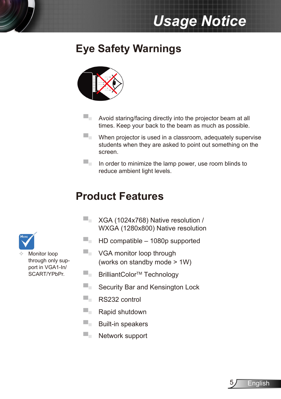 Usage notice, Eye safety warnings, Product features | Dukane Data Video Recorder 8412 User Manual | Page 7 / 70
