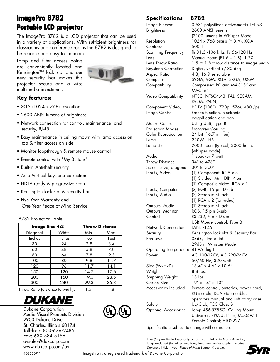 Imagepro 8782 portable lcd projector | Dukane 8782 User Manual | Page 2 / 2