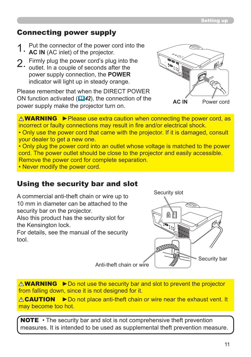 Connecting power supply, Using the security bar and slot | Dukane Projector 8110H User Manual | Page 11 / 65
