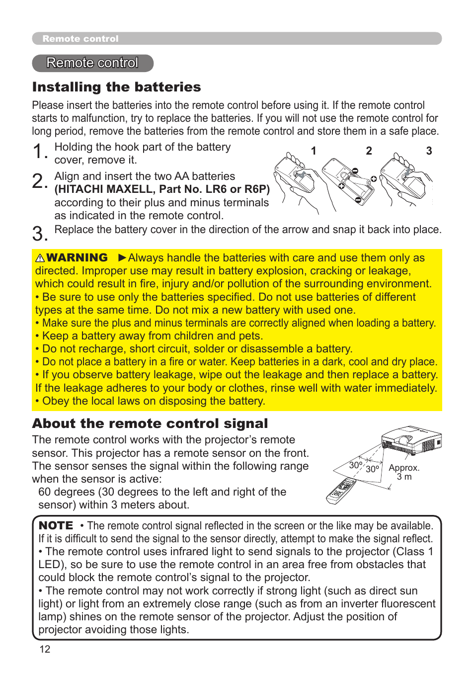 Remote control about the remote control signal, Installing the batteries | Dukane Projector 8110H User Manual | Page 12 / 65
