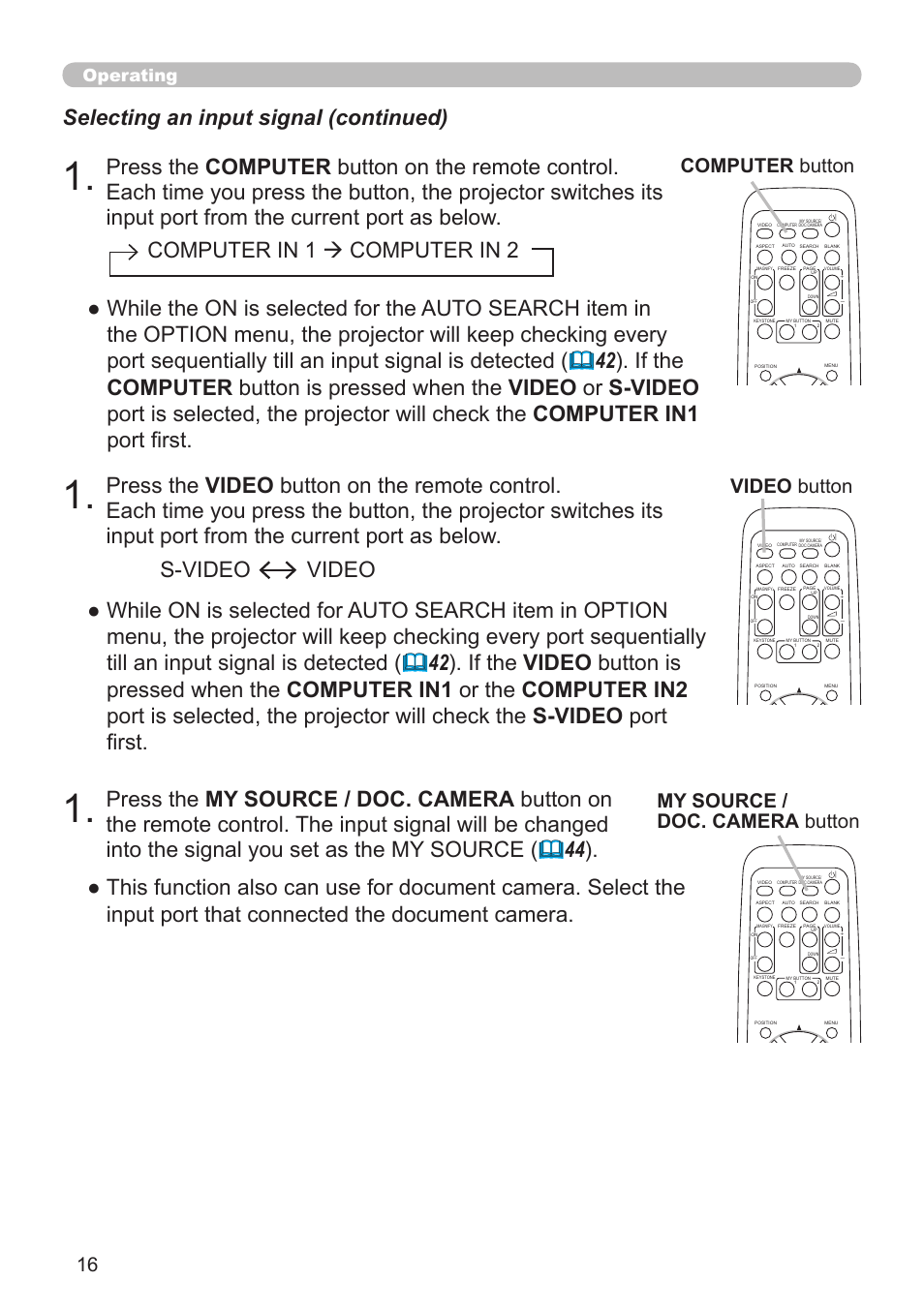 Video button, My source / doc. camera button, Computer button | Operating | Dukane Projector 8110H User Manual | Page 16 / 65