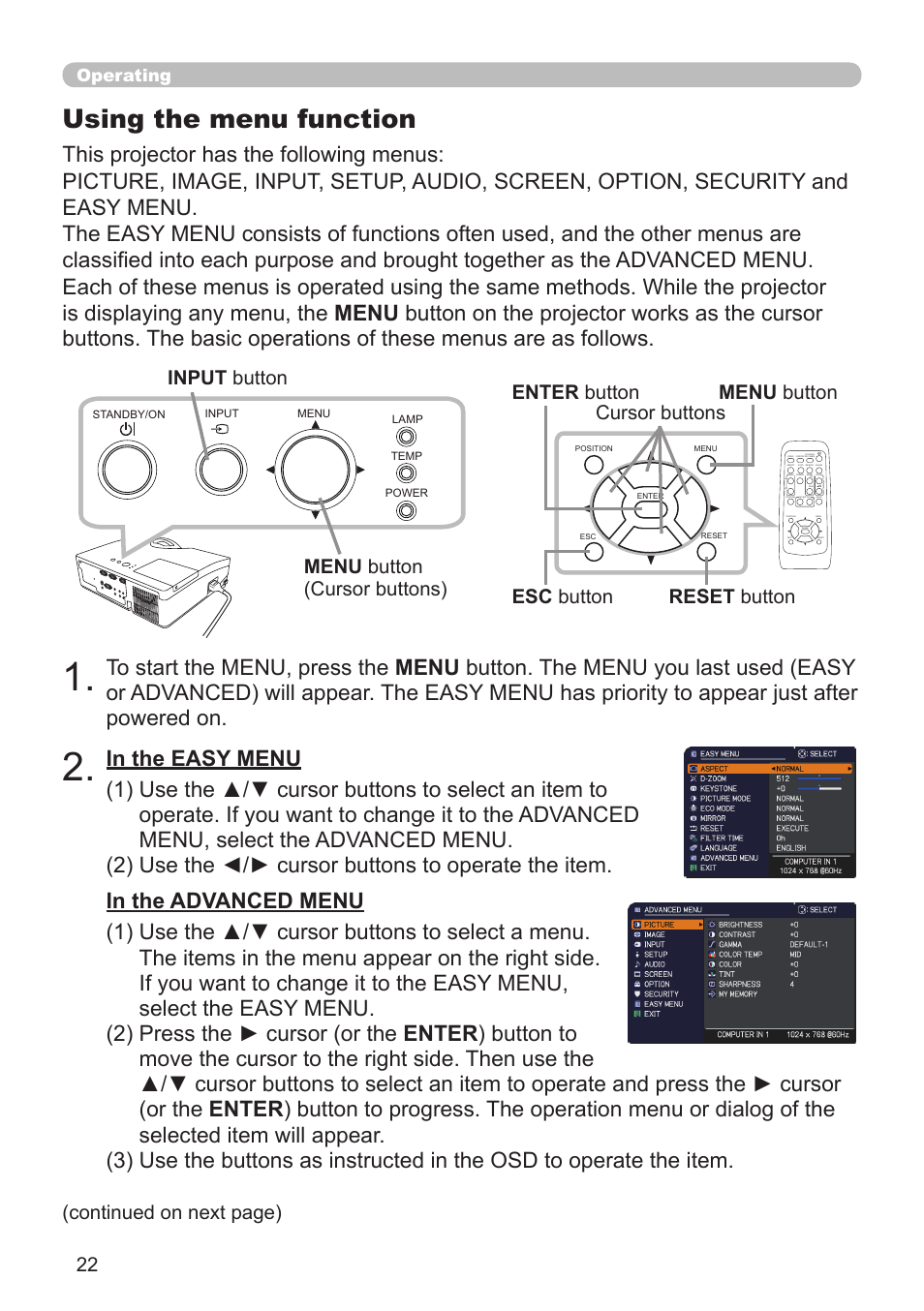 Using the menu function, Menu button (cursor buttons), Esc button (continued on next page) input button | Operating | Dukane Projector 8110H User Manual | Page 22 / 65