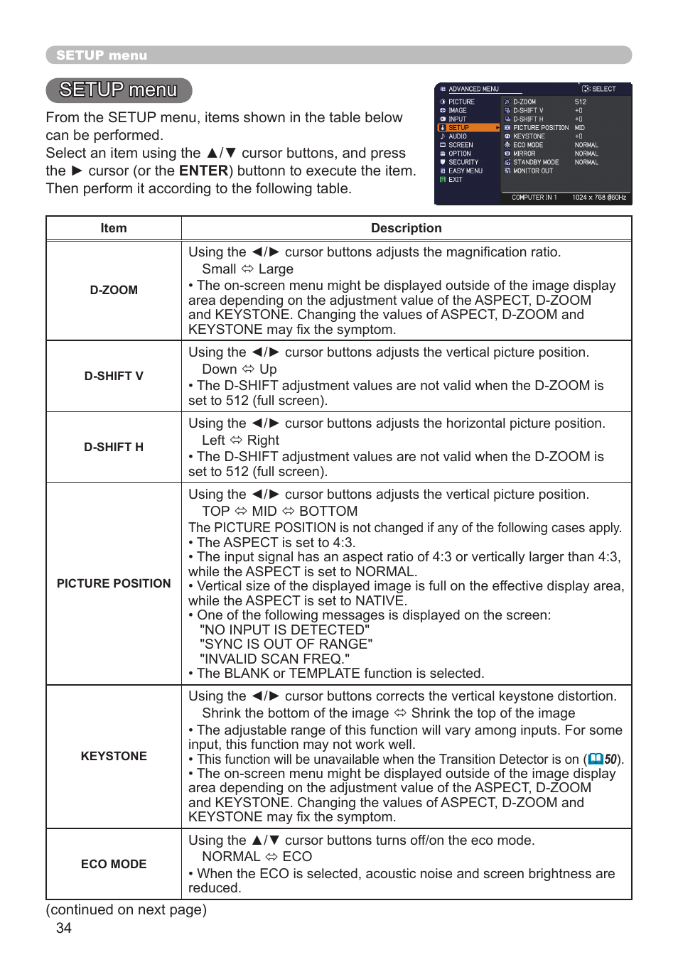 Setup menu | Dukane Projector 8110H User Manual | Page 34 / 65