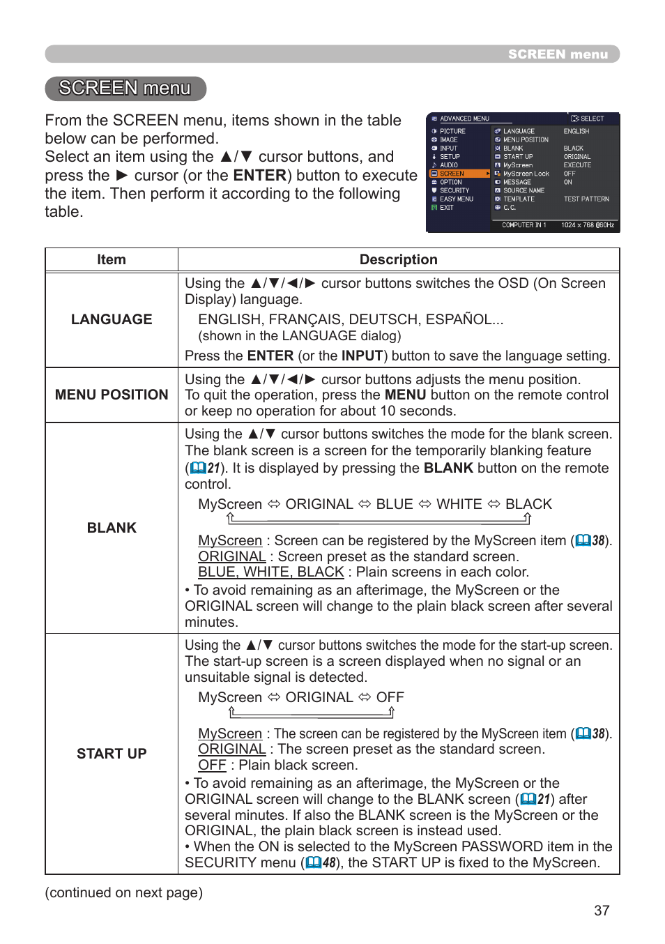 Screen menu | Dukane Projector 8110H User Manual | Page 37 / 65