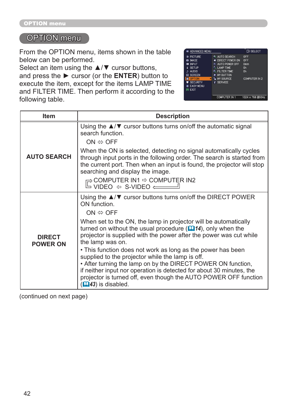 Option menu | Dukane Projector 8110H User Manual | Page 42 / 65