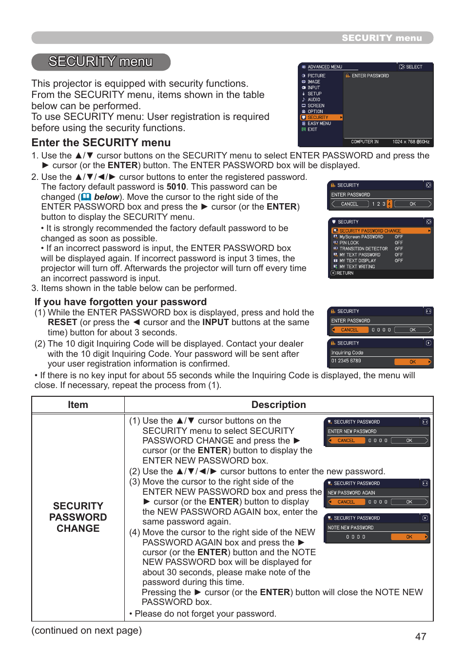 Security menu | Dukane Projector 8110H User Manual | Page 47 / 65