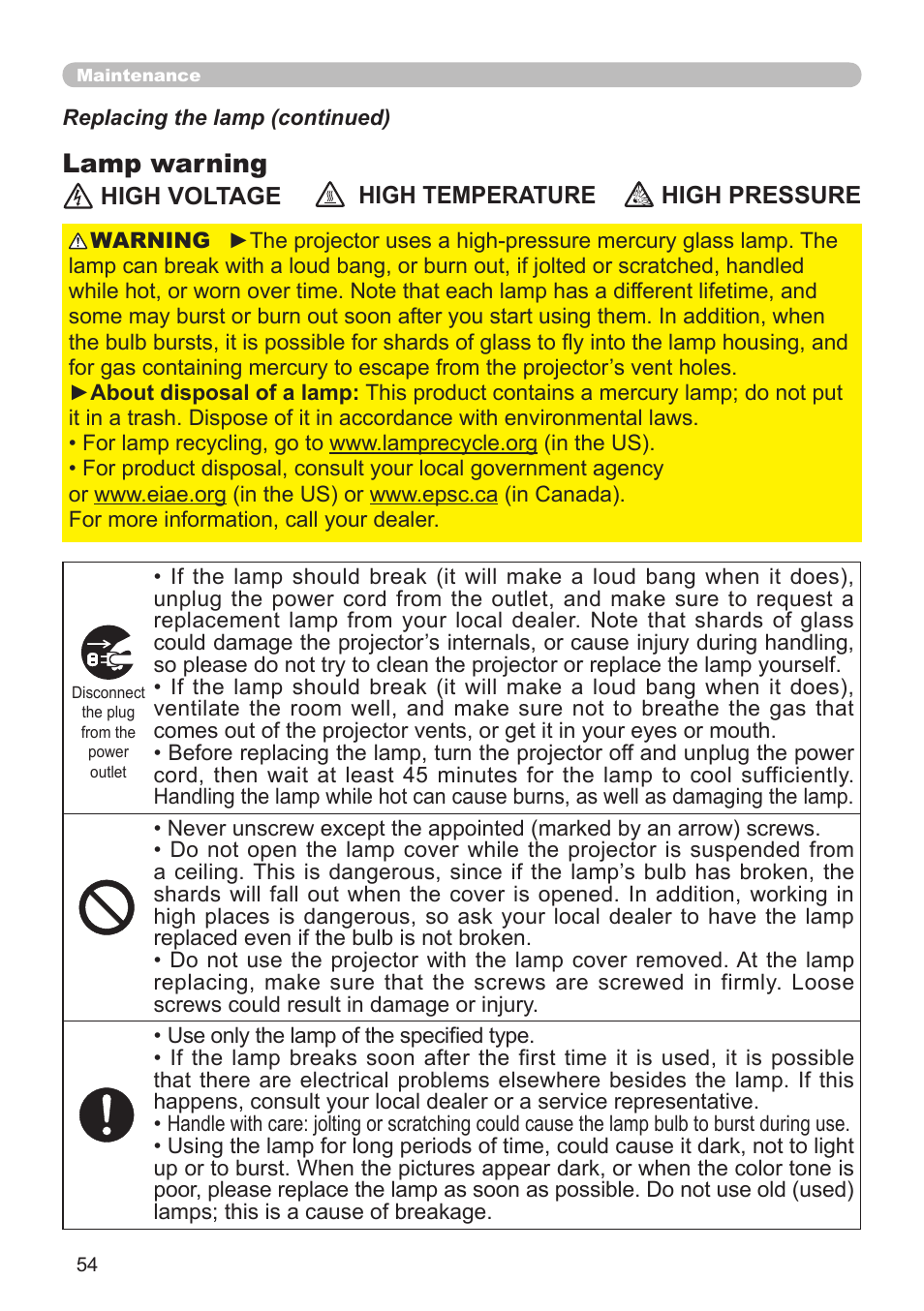 Lamp warning | Dukane Projector 8110H User Manual | Page 54 / 65