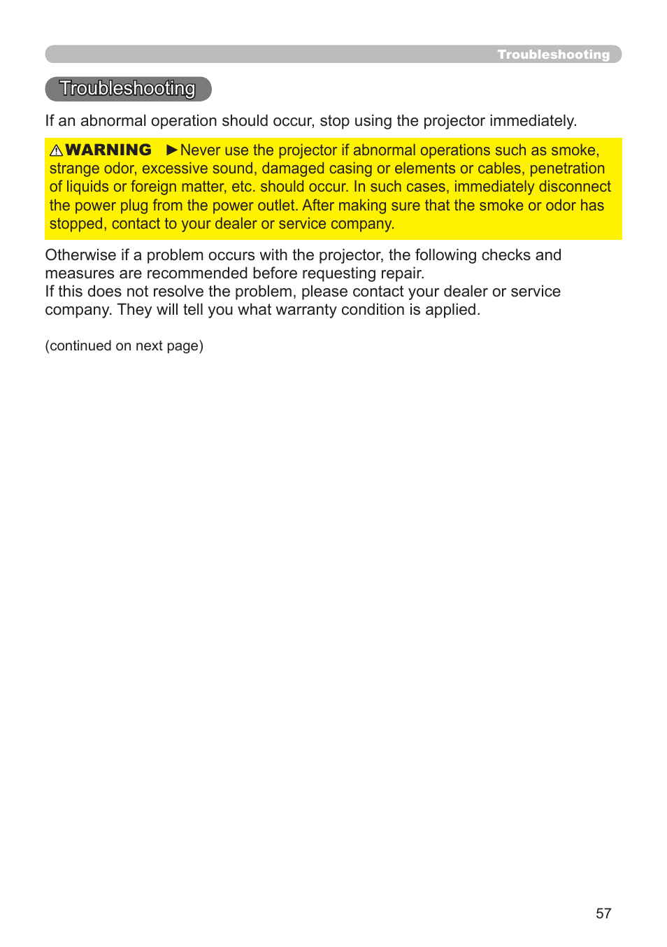 Troubleshooting | Dukane Projector 8110H User Manual | Page 57 / 65