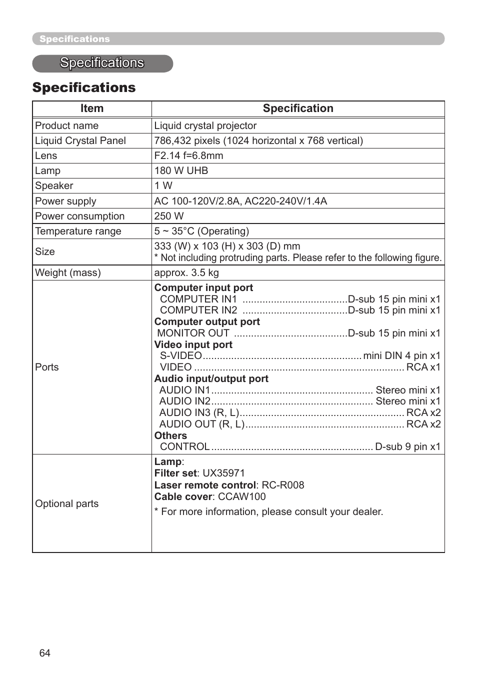 Specifications | Dukane Projector 8110H User Manual | Page 64 / 65