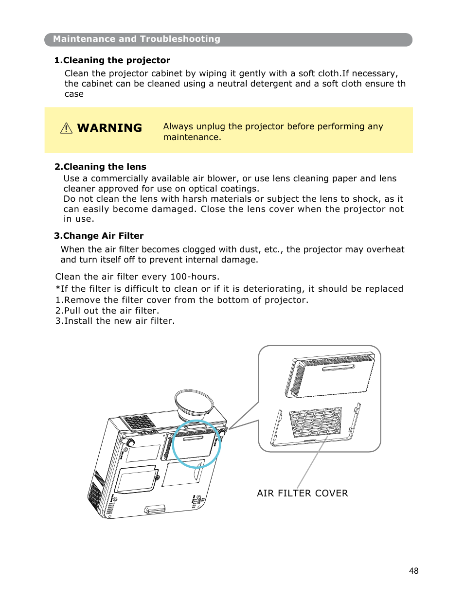 Warning | Dukane Digital-Multimedia Projector None User Manual | Page 48 / 52