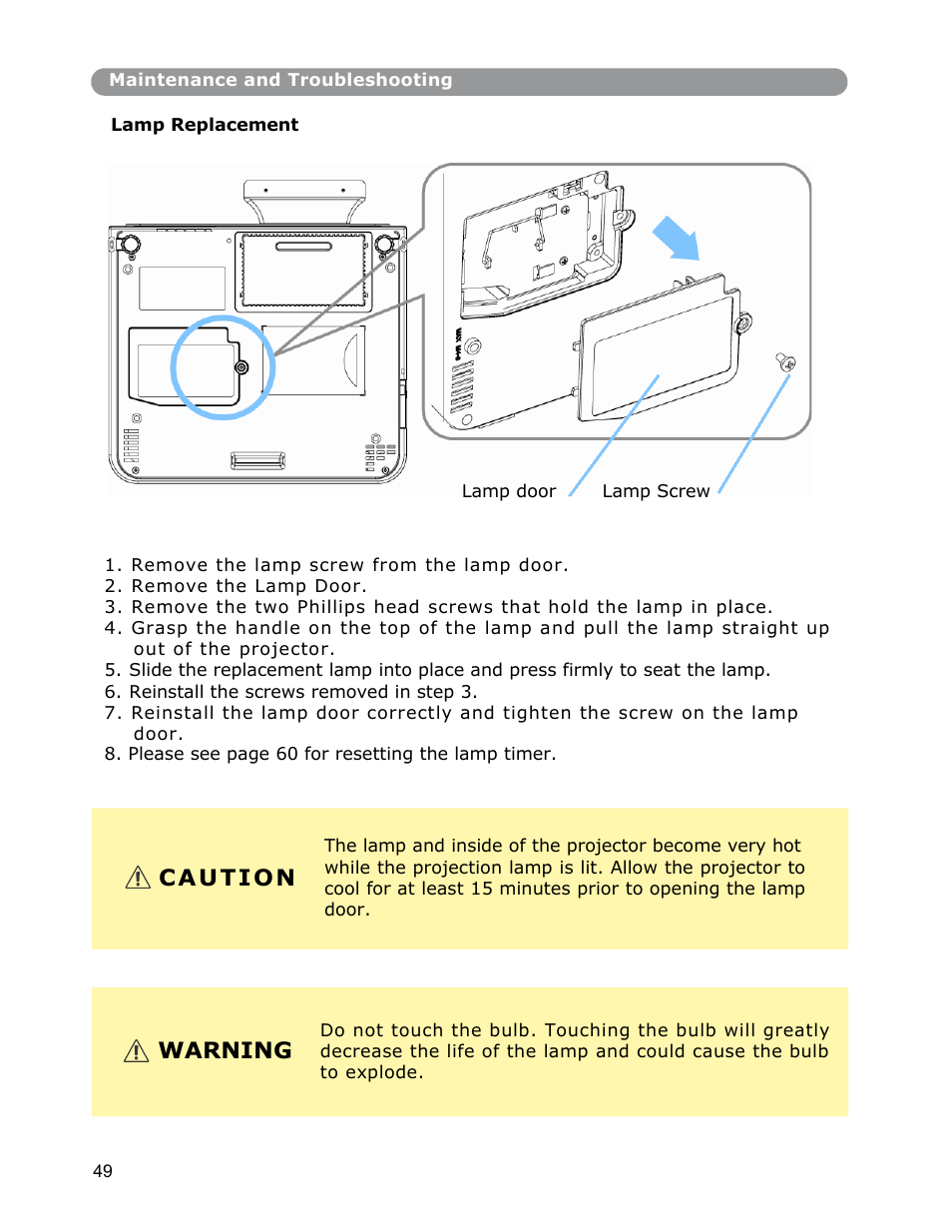 Caution, Warning | Dukane Digital-Multimedia Projector None User Manual | Page 49 / 52