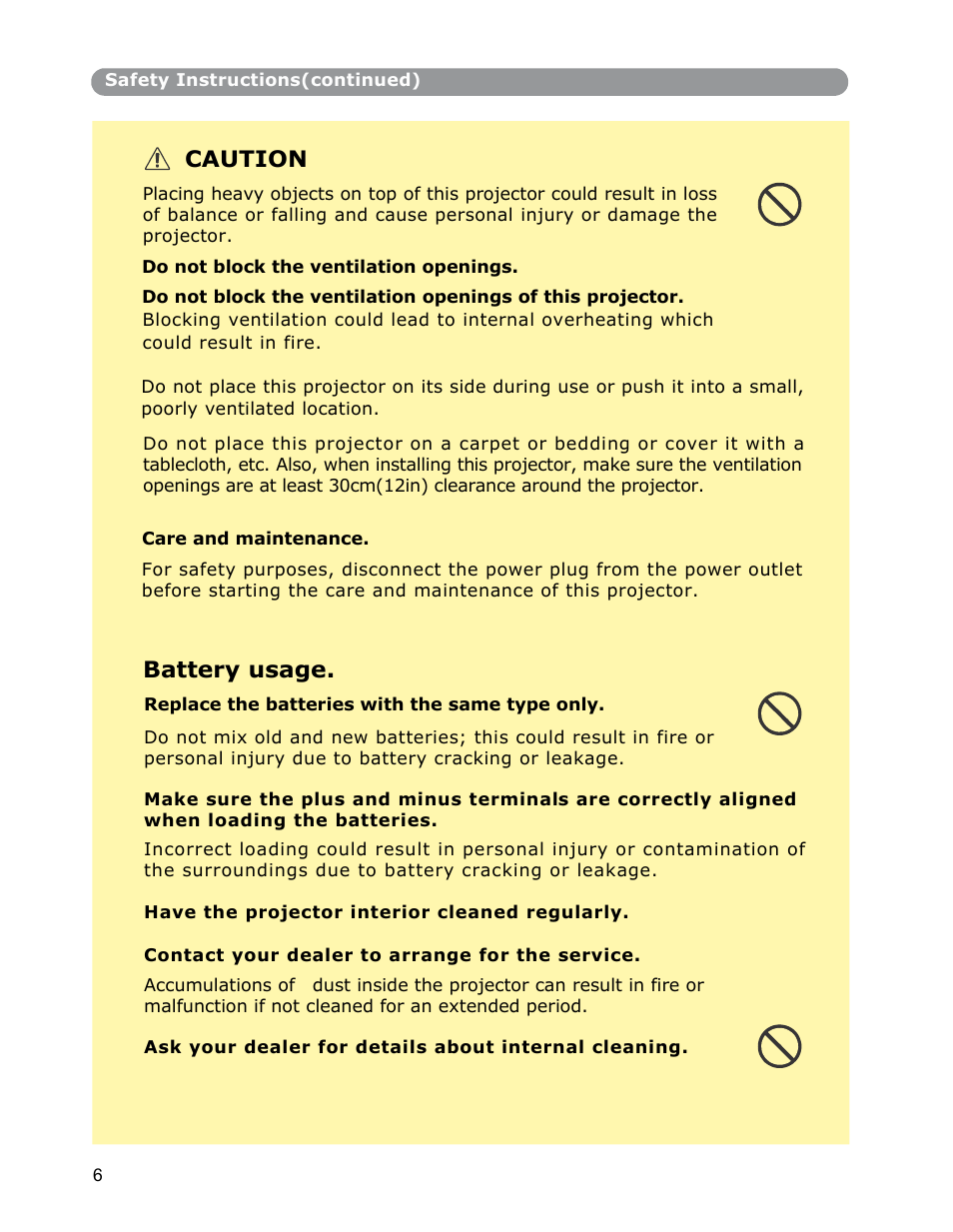 Caution, Battery usage | Dukane Digital-Multimedia Projector None User Manual | Page 6 / 52