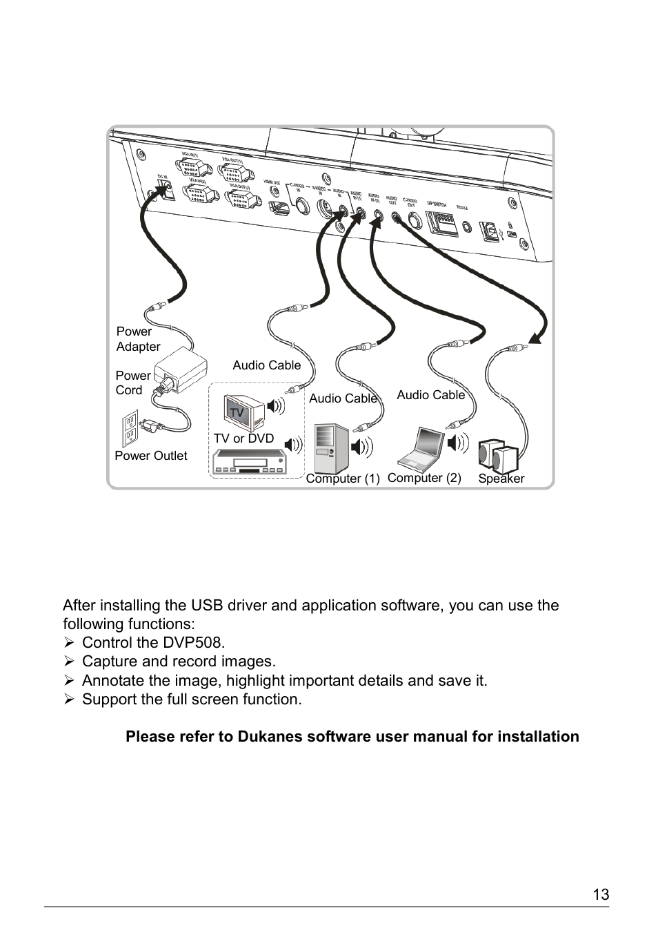 Connecting to audio input and output, Installing application software, 9 connecting to audio input and output | Dukane Document Camera DVP508 User Manual | Page 14 / 45