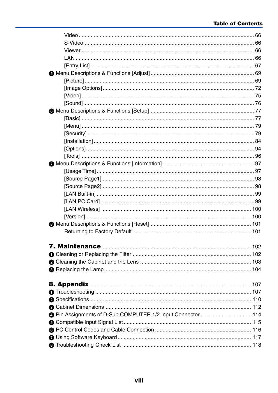 Viii, Maintenance, Appendix | Dukane 8774 User Manual | Page 10 / 130