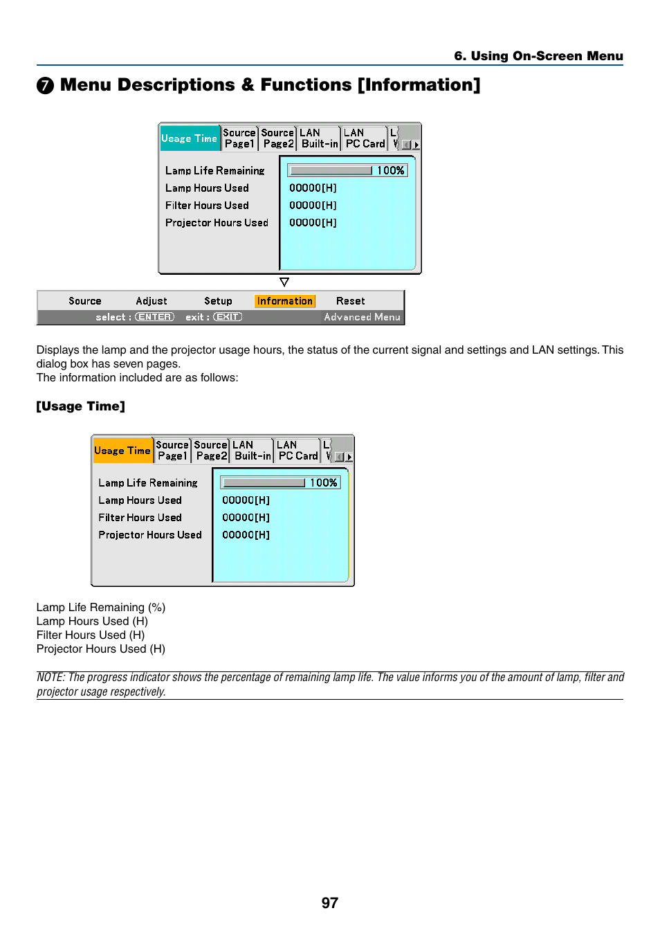 7) menu descriptions & functions [information, Usage time, Menu descriptions & functions [information | Dukane 8774 User Manual | Page 107 / 130