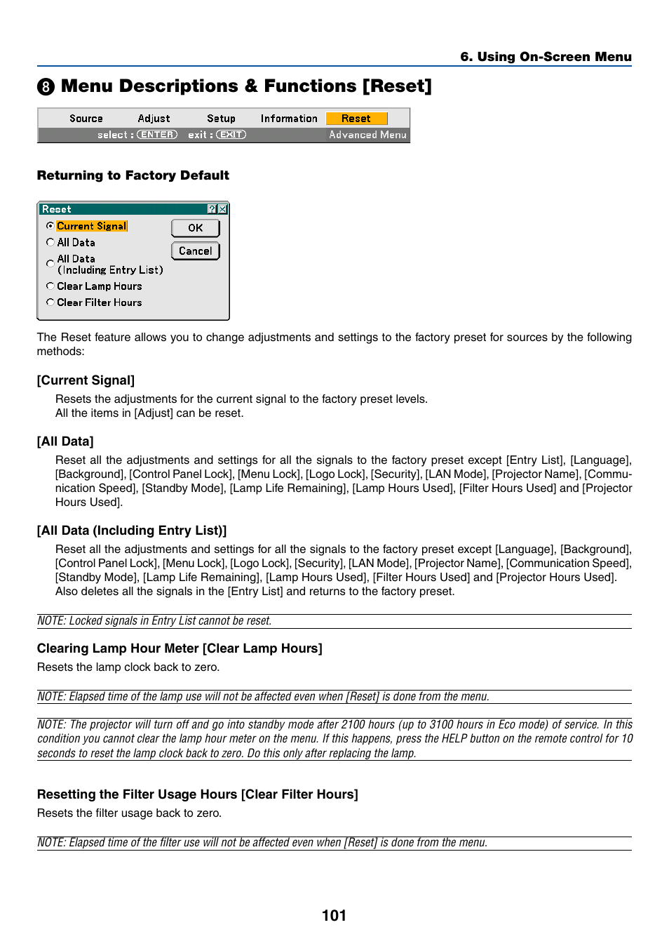 8) menu descriptions & functions [reset, Returning to factory default, Current signal | All data, All data (including entry list), Clearing lamp hour meter [clear lamp hours, º menu descriptions & functions [reset | Dukane 8774 User Manual | Page 111 / 130