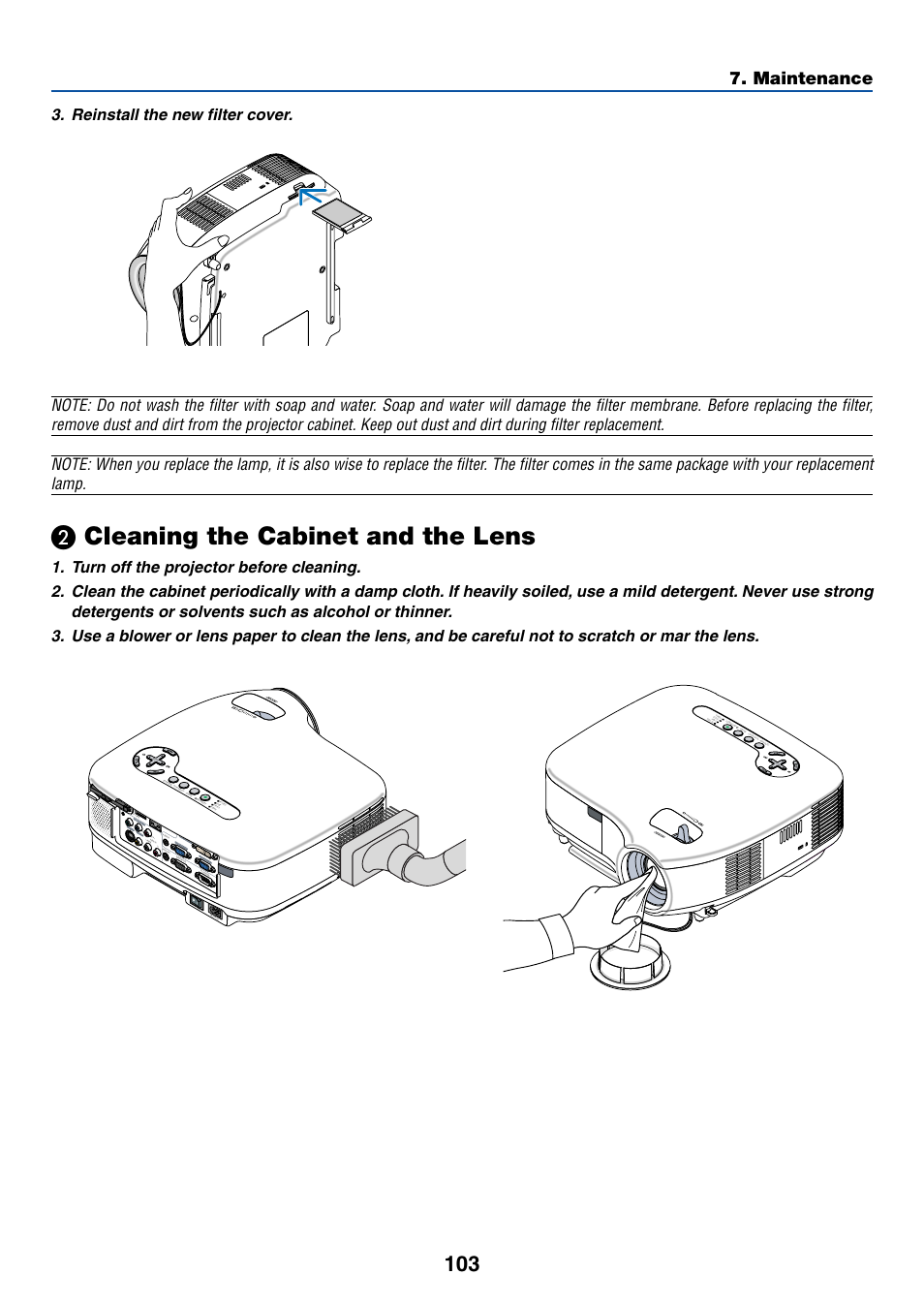 2) cleaning the cabinet and the lens, Cleaning the cabinet and the lens, Maintenance | Cb/p b l/m ono r y cr/p r, Pc card lam p status pow er | Dukane 8774 User Manual | Page 113 / 130