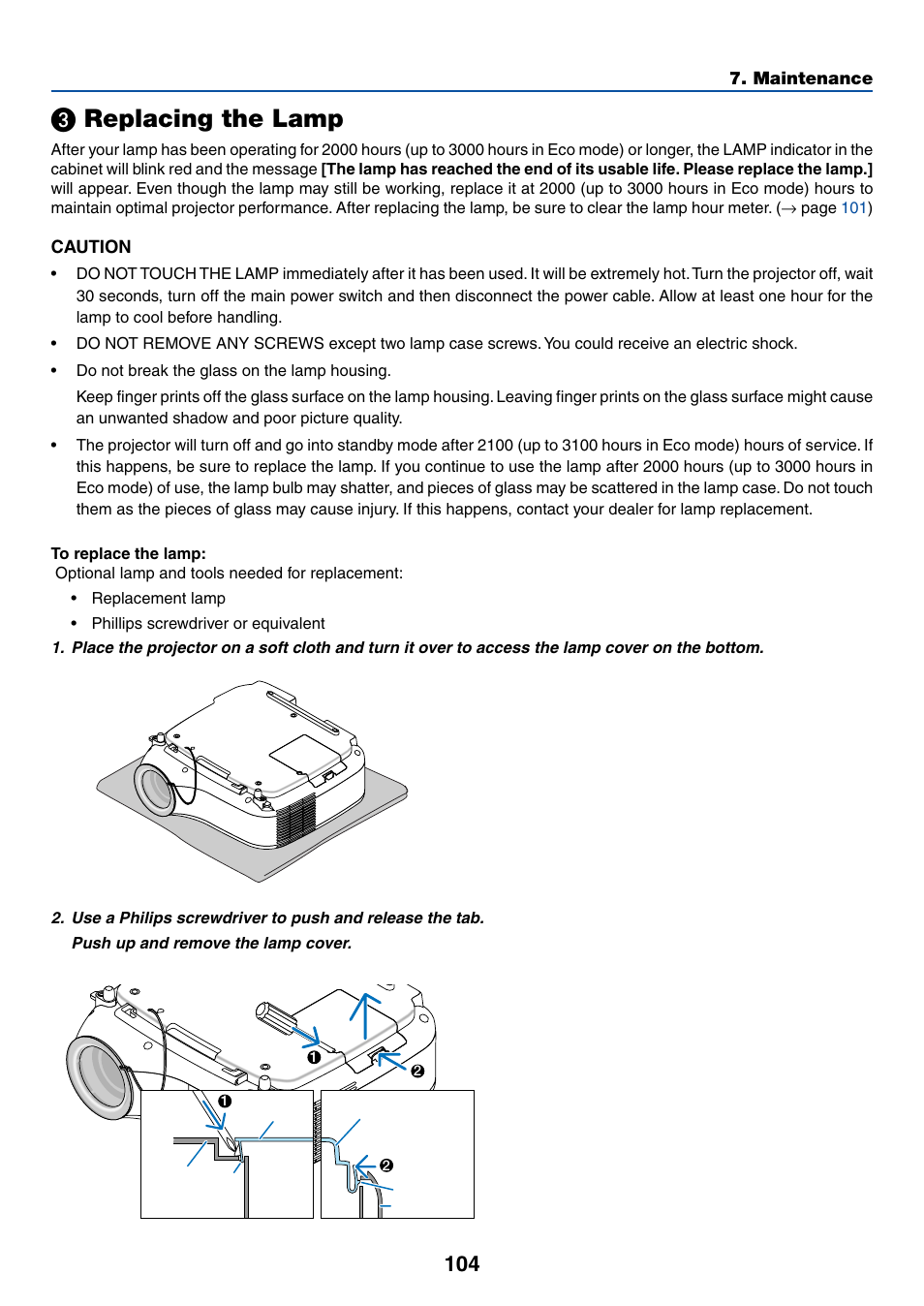 3) replacing the lamp, Replacing the lamp | Dukane 8774 User Manual | Page 114 / 130