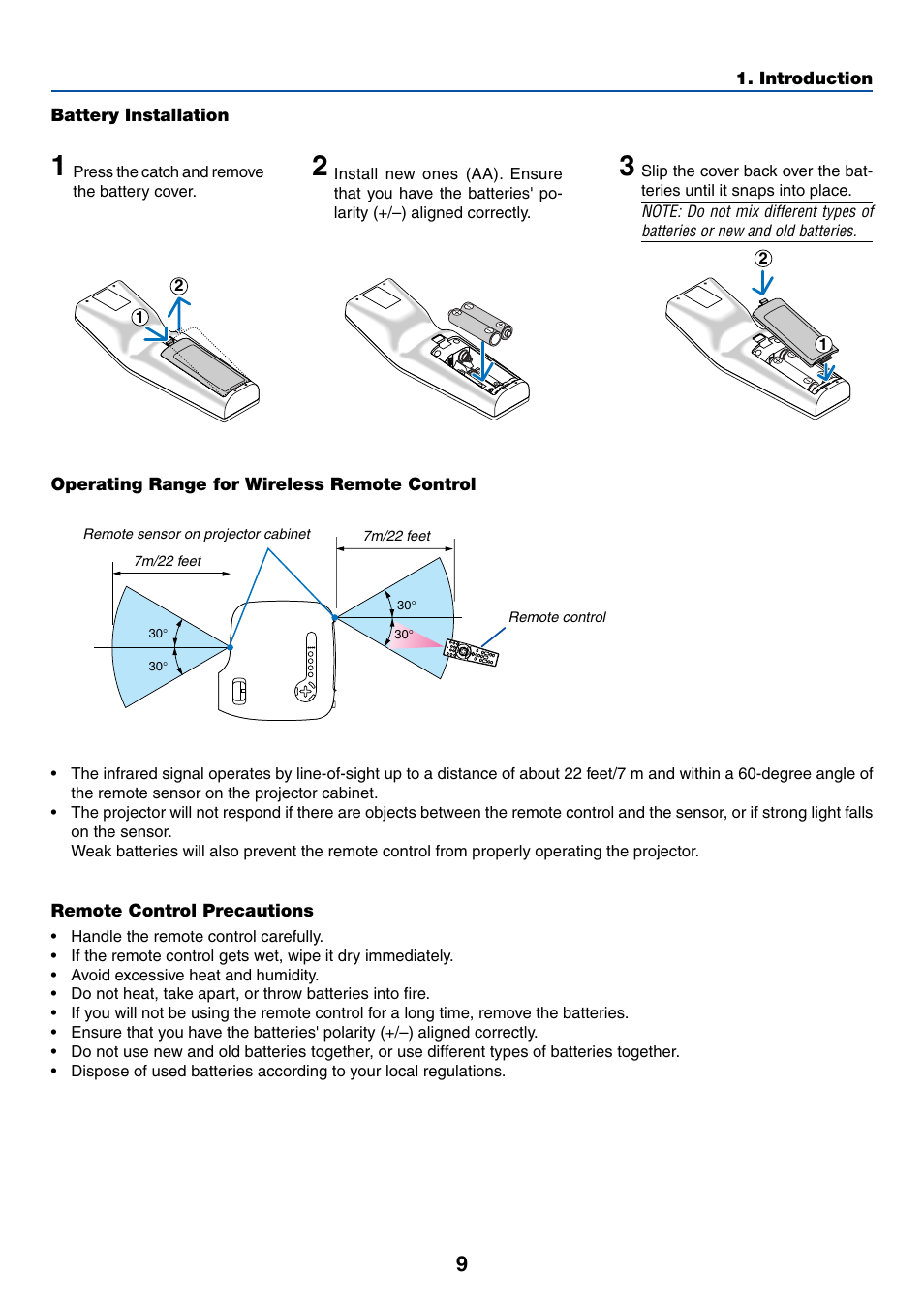 Battery installation, Operating range for wireless remote control, Remote control precautions | Dukane 8774 User Manual | Page 19 / 130