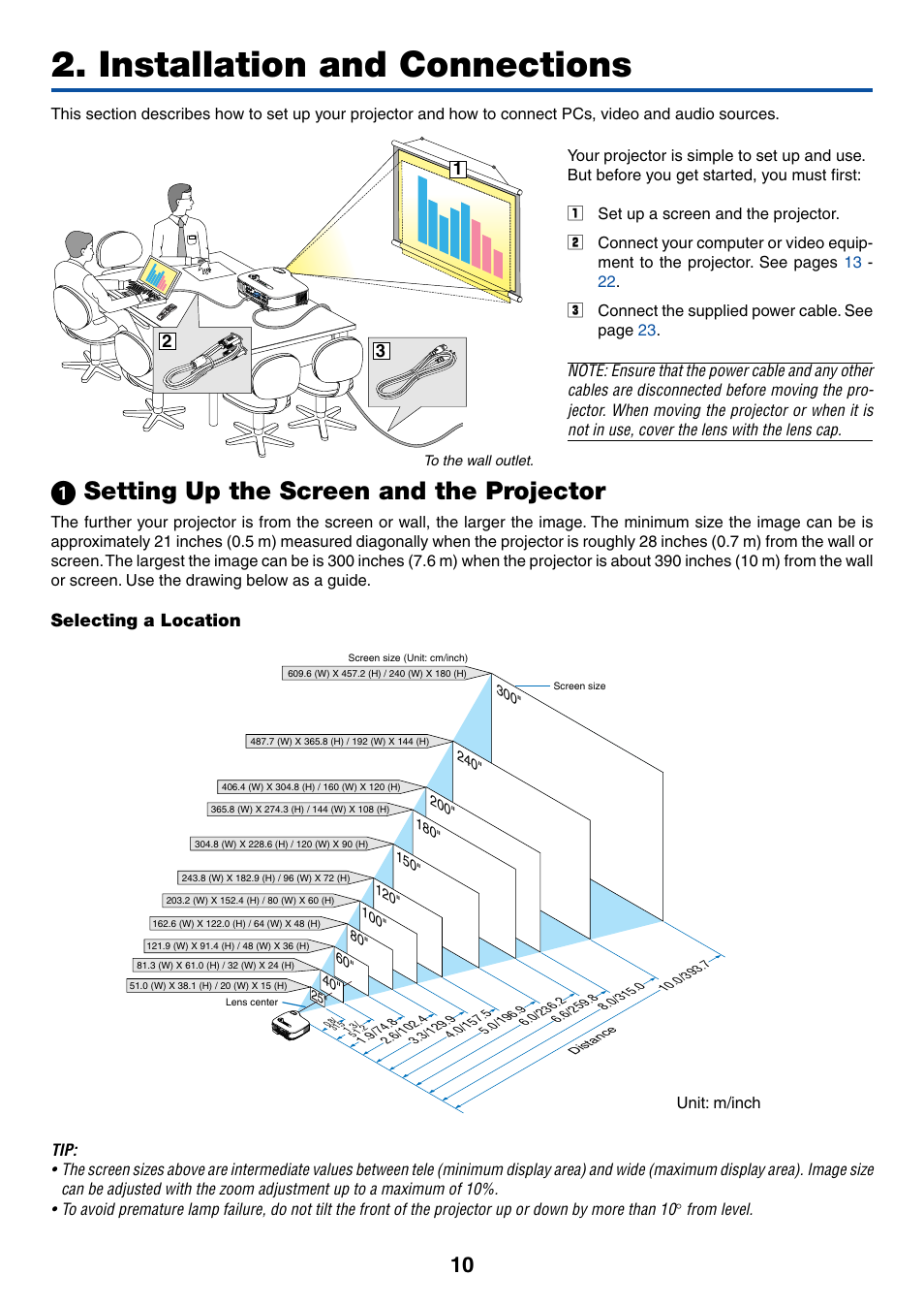 Installation and connections, 1) setting up the screen and the projector, Selecting a location | ᕡ setting up the screen and the projector | Dukane 8774 User Manual | Page 20 / 130