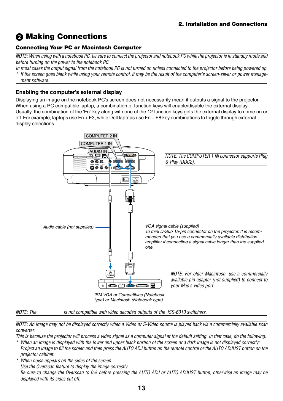 2) making connections, Connecting your pc or macintosh computer, Enabling the computer’s external display | ᕢ making connections, Installation and connections, Computer 1 in computer 2 in audio in | Dukane 8774 User Manual | Page 23 / 130