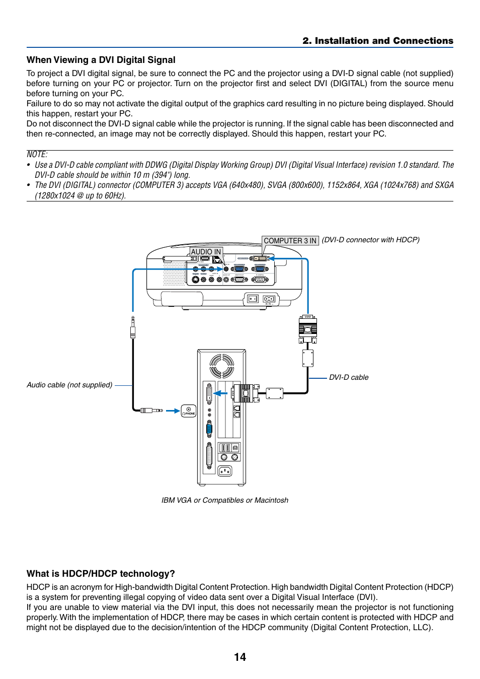 When viewing a dvi digital signal (lt380 only), What is hdcp/hdcp technology, Computer 3 in | Audio in | Dukane 8774 User Manual | Page 24 / 130