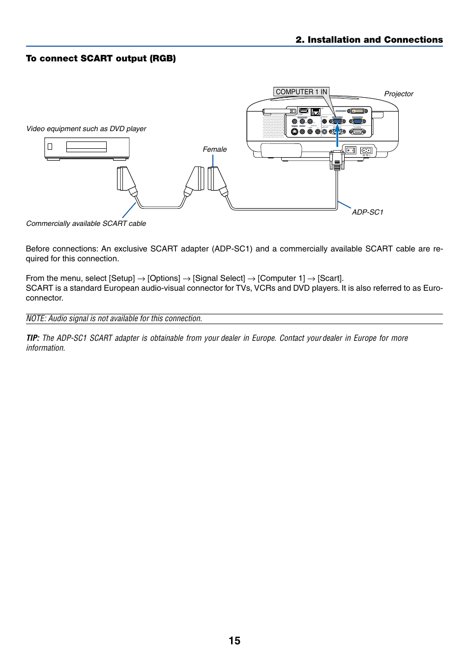 To connect scart output (rgb), Installation and connections, Computer 1 in | Dukane 8774 User Manual | Page 25 / 130