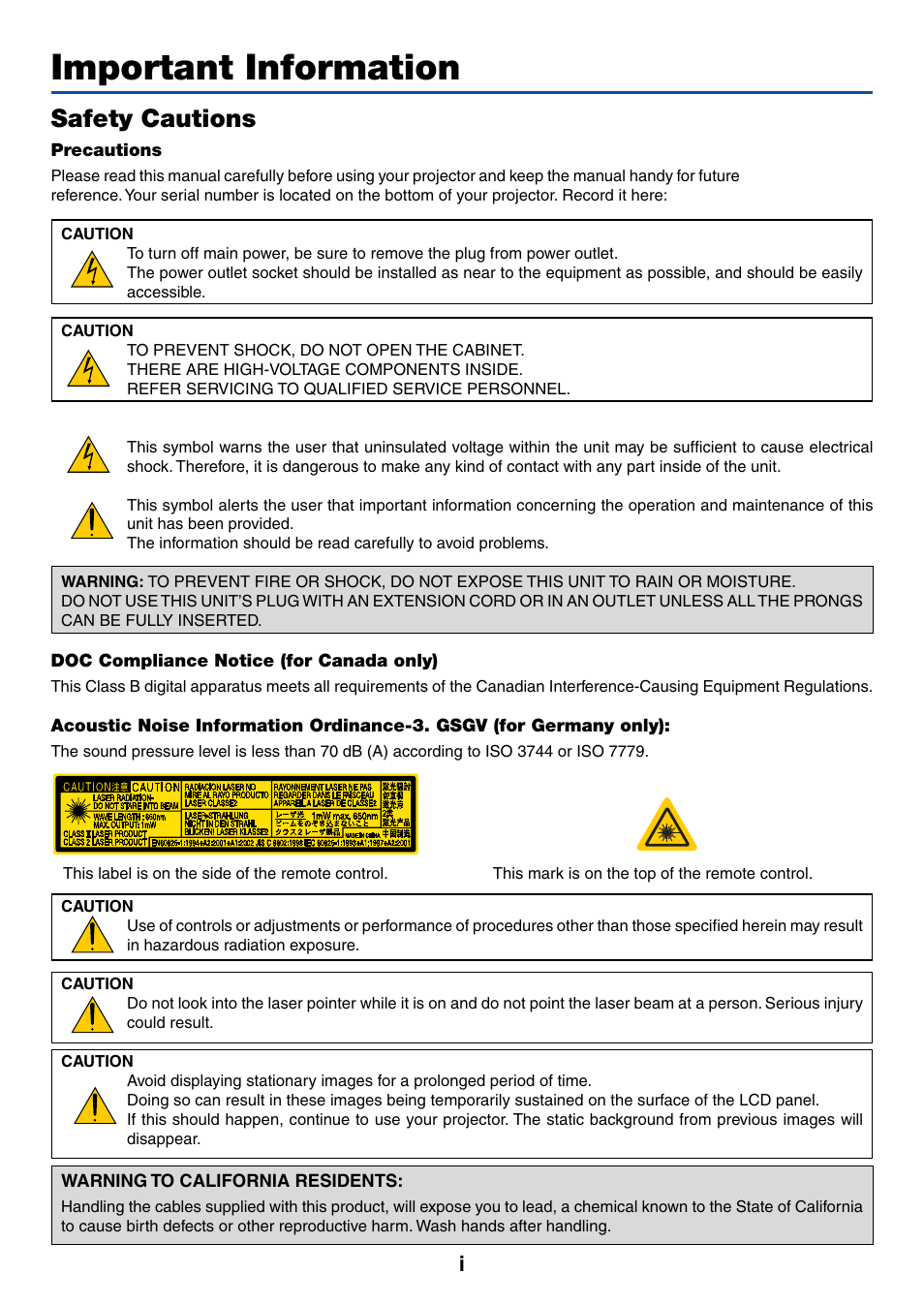 Important information, Safety cautions, Precautions | Doc compliance notice (for canada only), Warning to california residents | Dukane 8774 User Manual | Page 3 / 130