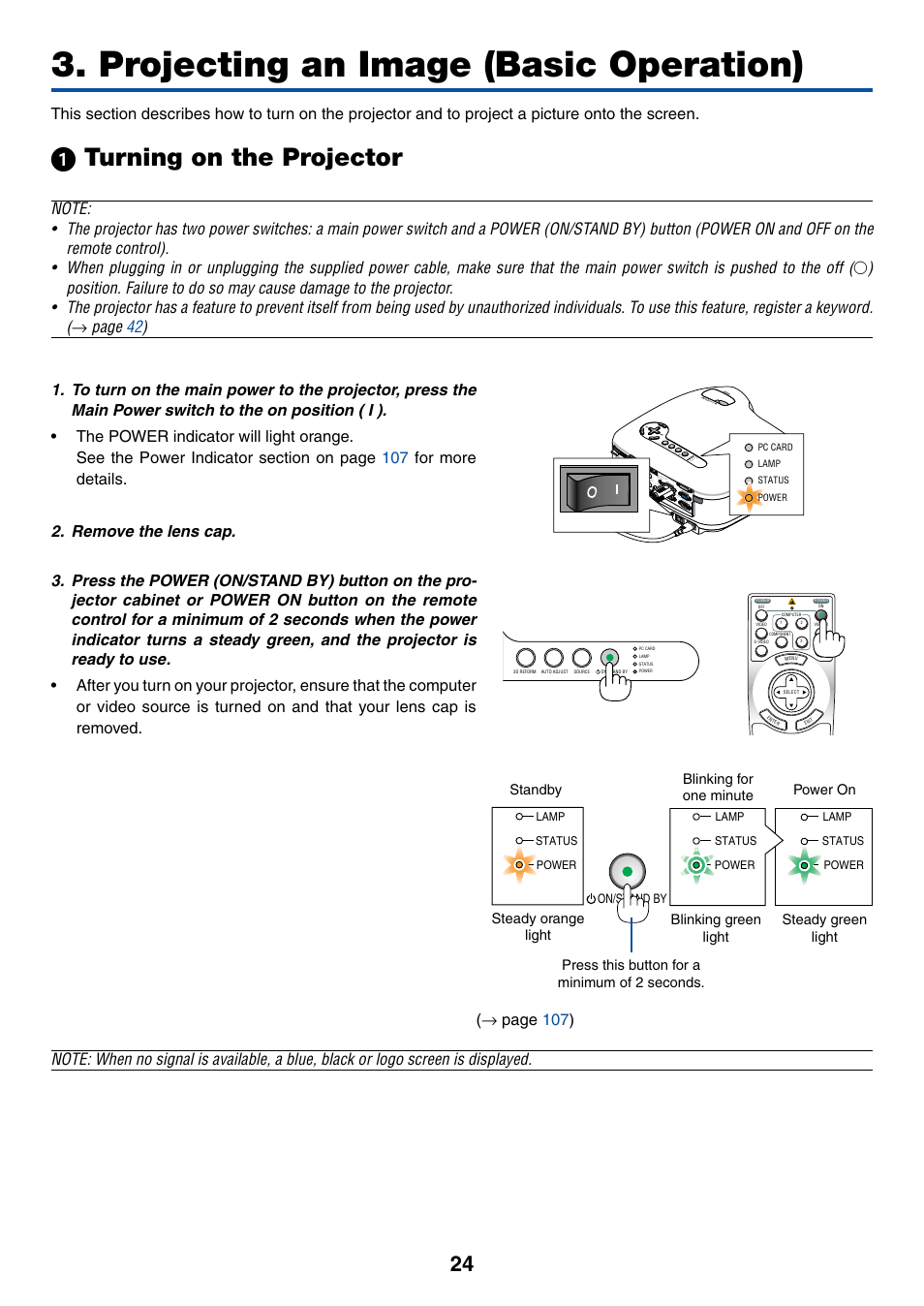 Projecting an image (basic operation), 1) turning on the projector, ᕡ turning on the projector | Dukane 8774 User Manual | Page 34 / 130