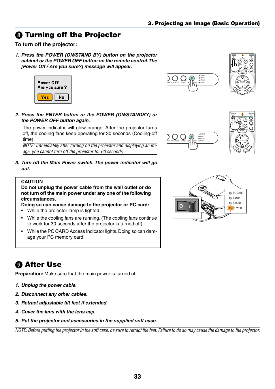 8) turning off the projector, 9) after use, º turning off the projector | After use | Dukane 8774 User Manual | Page 43 / 130