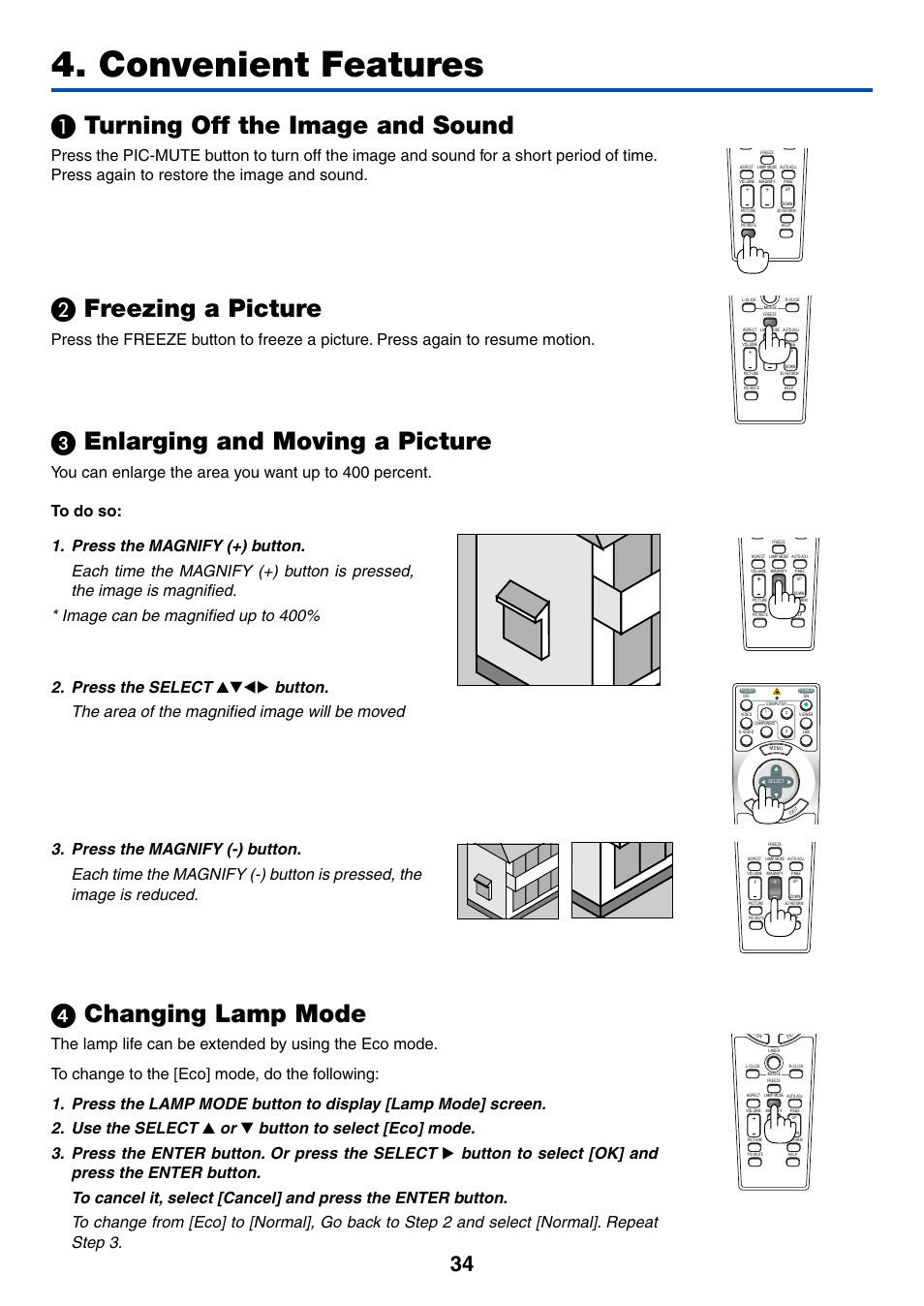 Convenient features, 1) turning off the image and sound, 2) freezing a picture | 3) enlarging and moving a picture, 4) changing lamp mode, Turning off the image and sound, Freezing a picture, ᕣ enlarging and moving a picture, ᕤ changing lamp mode | Dukane 8774 User Manual | Page 44 / 130