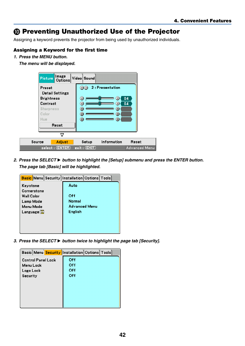 10) preventing unauthorized use of the projector, Assigning a keyword for the first time, Μ preventing unauthorized use of the projector | Dukane 8774 User Manual | Page 52 / 130