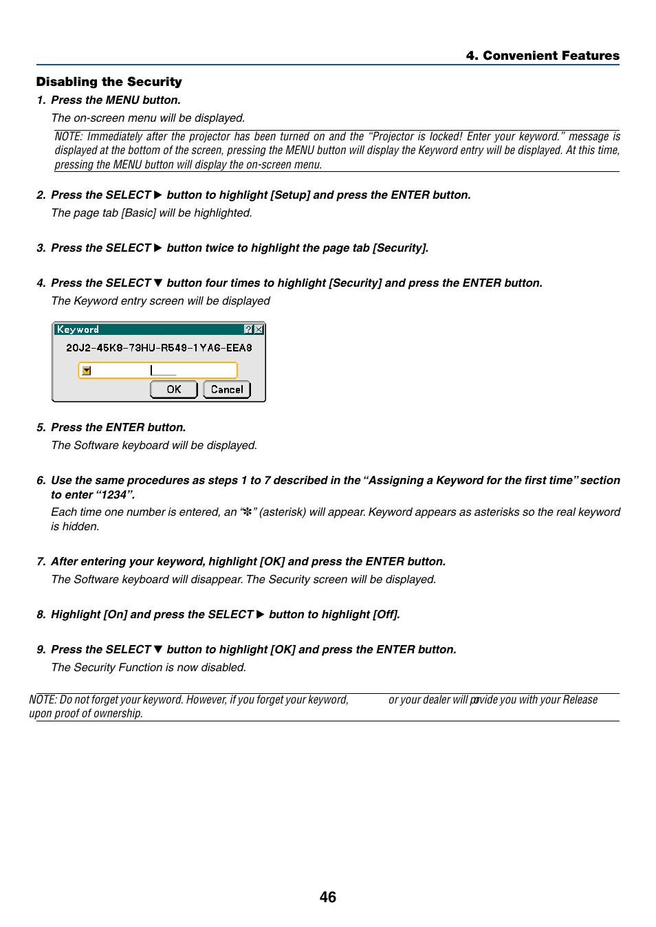 Disabling the security | Dukane 8774 User Manual | Page 56 / 130